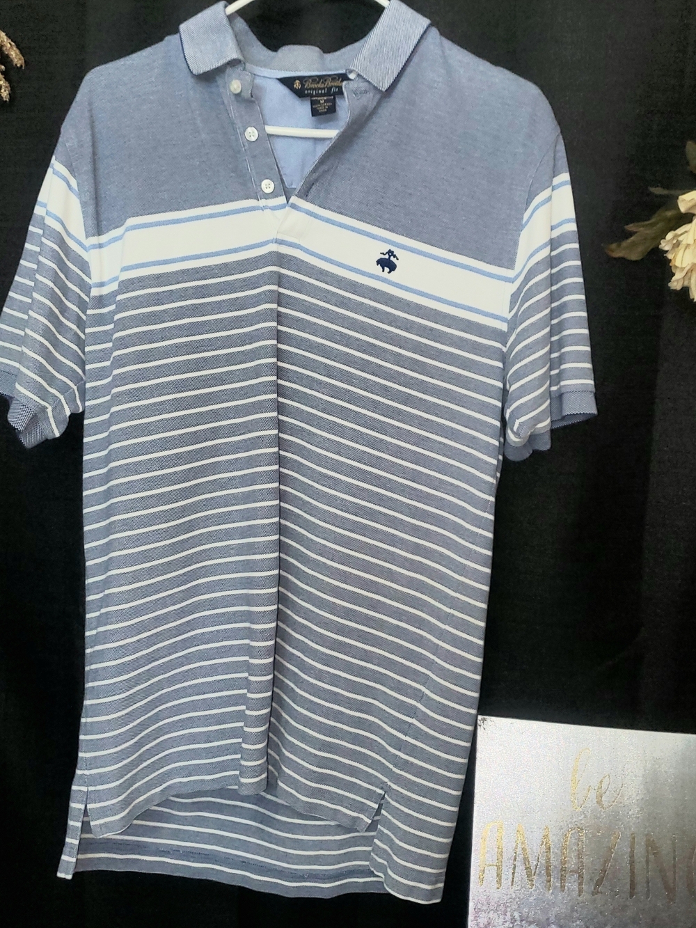 Brooks Brothers SZ M PERFORMANCE POLO ORIGINAL FIT Light Blue & White Striped